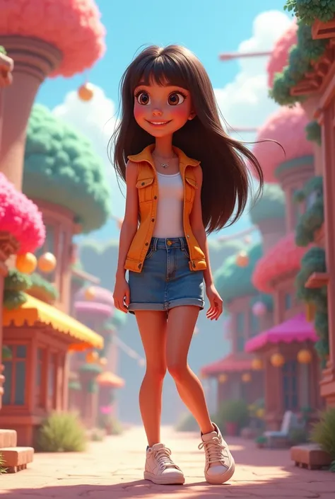 25 year old girl  ,   straight brunette, Tanned skin, I gathered, Big eyes, Thick eyebrows,   Sweet smile  , Wear a floating vest, , Wear a jeans skirt, Wear sneakers.,Disney pixar