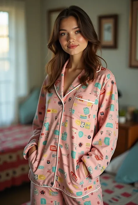 (real picture) a 20 years old teenager girl wearing pajamas retro characters print (standing) full body