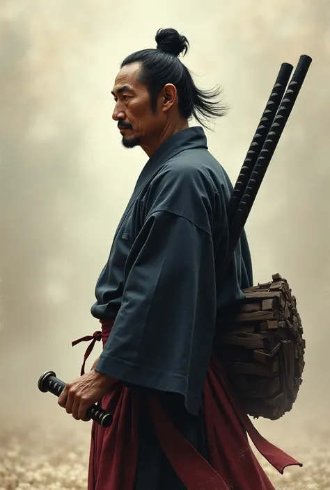 Image of a miyamoto mushashi  in his robes woth 2 katanas u sheated thinking about basketball.  Background should be faded shpwing his basketball thoughts