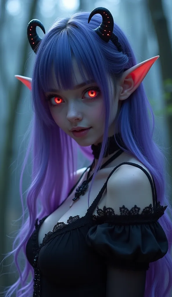  high resolution, gradient hair color（Purple and dark blue ）, curtain/ Waterfall Hairstyle , Big breasts, elf ears, red eye, Smile, pale, Magic pupil,  Gentle Eye,  German tilted lens , Horror theme ,  Scary eerie atmosphere in shadowy forest ,  Devil's Corner , Crescent hair accessories,  defocused background , gothic art, 恐怖詭異的氛圍