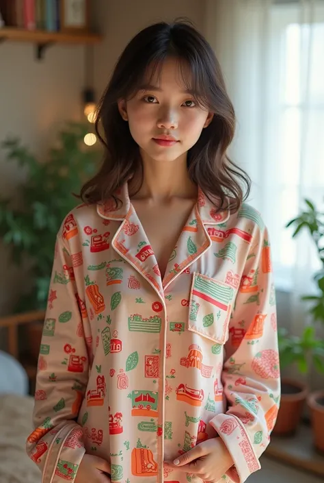 (real picture) a 20 years old teenager girl wearing pajamas retro characters print (standing) full body