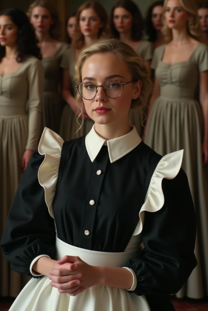 Jennifer Lawrence wearing black and white shirt as servant girl uniform with a tight collar and puffy sleeves and wearing glasses while kneeling with her hands fold in her lap, theres a lot of girl behind her standing wearing classy dress observing as her ...