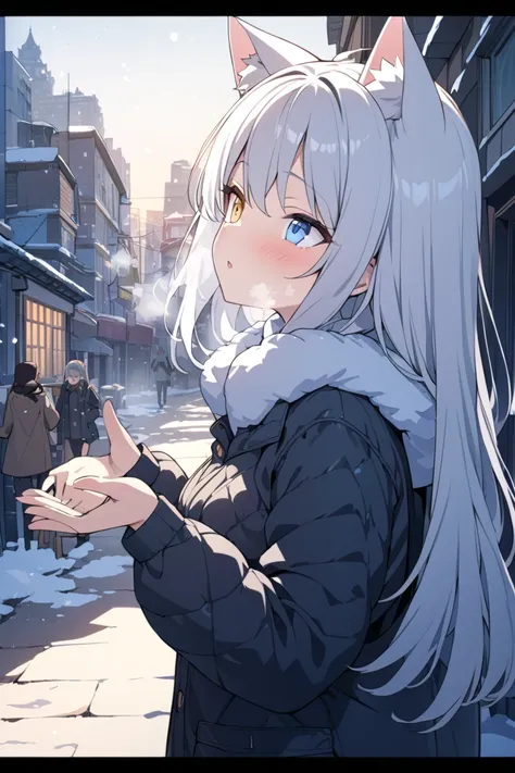 insanely detailed ,ultra detailed ,top quality ,best quality ,highres ,One girl, Long Hair, Cat ears, White Hair，heterochromia ,Right eye yellow，Left eye blue，anime, Best best quality Quality, medium breasts , beautiful,best quality,extremely detailed,cine...