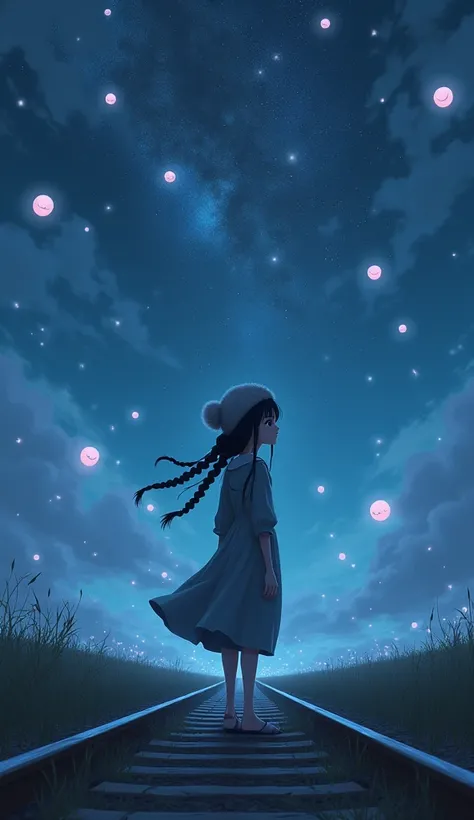  tied braids 、A black haired girl in a long-sleeved dress with a fur hat 、穿著長袖洋裝的黑髮女孩， stood on the railway ， and there were many lights floating in the sky ， lit up the night sky 