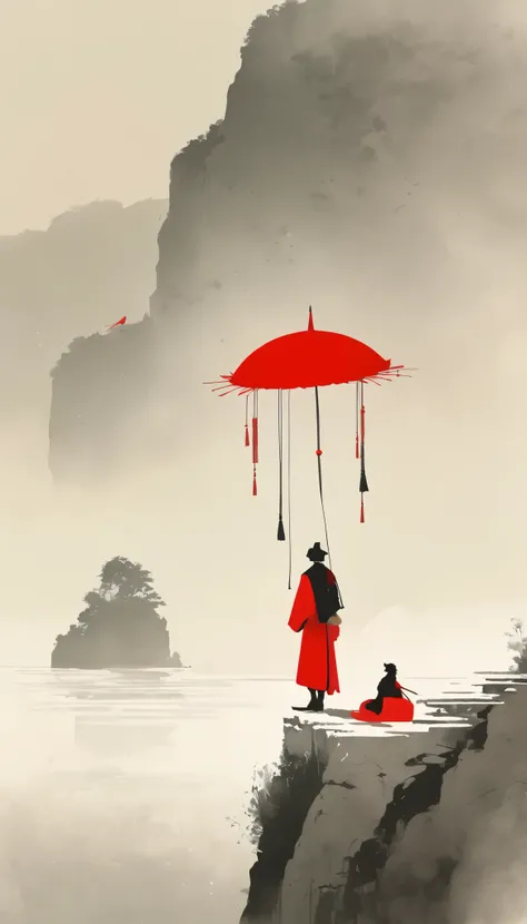 simple，Minimalist illustration，1pcs red umbrella tassel，solitary figure，Cliff Edge，bridge