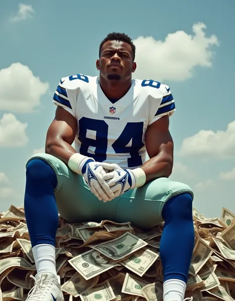 Portrait of Dak Prescott,  dressed in a Dallas Cowboys football uniform.  Sitting on a mountain of money . crying.