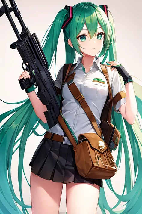 (Standing) Hatsune miku in soldier uniform holding a M1 garand gun in her hand