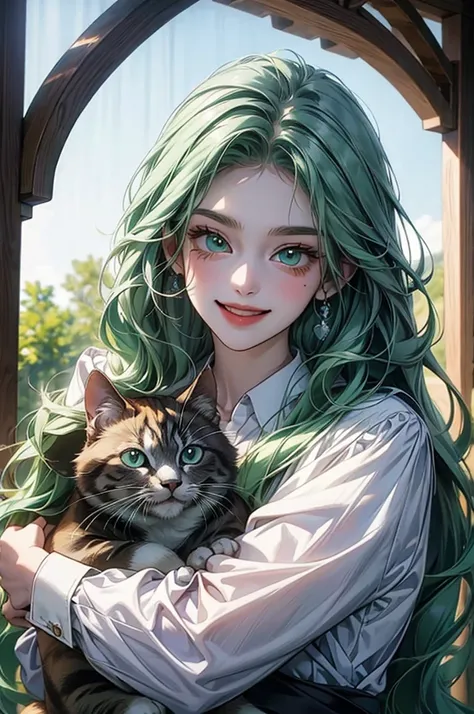 Smiling teenage animated girl with blue-green eyes and long hair carrying a cat in her arms