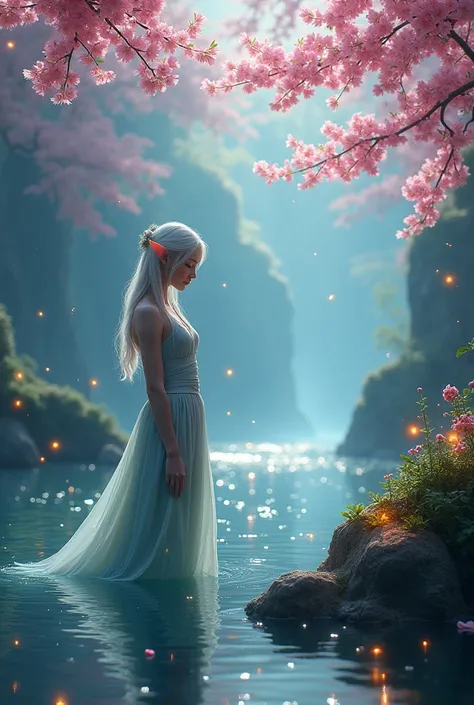 Magical landscape where the half-Sainorg elf descends and relaxes in front of a body of water while cherry blossoms fall and fireflies dance 
1 niña,  High resolution,  masterpiece, Detail, Caustic, 