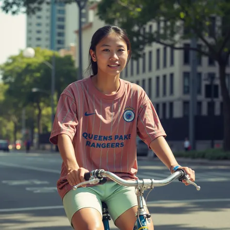 (17yo Tibetan woman wearing a salmon colored Queens Park Rangers football shirt with vertical blue stripes:1.2), light green shorts, (riding a bicycle on a city street with shady trees and tall buildings in the background:1.13)