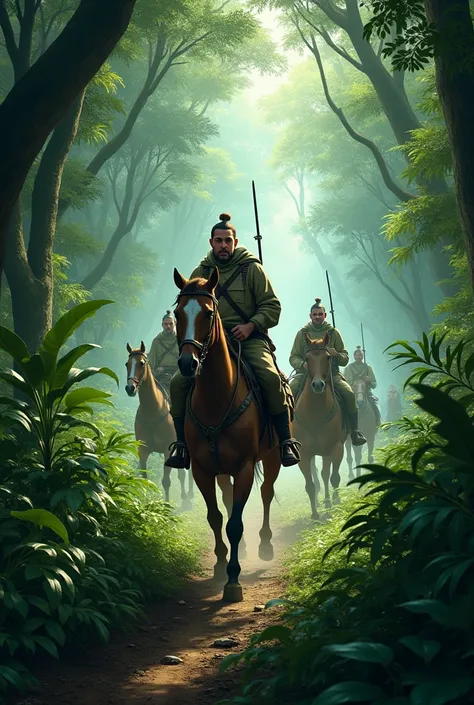 
A dense Indian jungle with vibrant greenery, mist rising in the air, and a few Mongol scouts on horseback wiping sweat from their brows. In the background, one scout is examining a strange plant, while another looks nervously at the shadowy undergrowth.