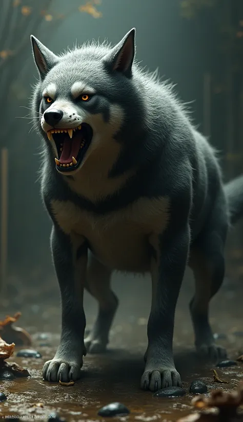 A detailed, highly realistic and photorealistic digital painting of a Japanese mythological dog deity, with intricate fur textures, piercing eyes, sharp fangs, and a majestic, powerful presence, set against a moody, atmospheric background with dramatic lig...