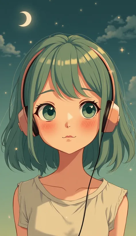  1 Girl , blushing, Bangs, tea hair, looking down camera, Bangs, long hair, blushing, smug face, Star Eyes, earphone, Film grain/老Movie濾鏡, illustration, Movie, ghibli colors, 