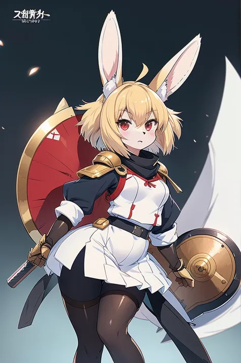 大楯を持った、Armored,kishi-v2, rabbit, black_background,茶色いhairの毛、 Red Eyes, r:safe, Short s,  1 girl, belly button, Alone, length_hair,  pantyhose, , animal ears  ,(Animal Nose, triangular nose  ),  fox ears, ((bushy Tail, Tail)),  fluffy fur with a large shiel...