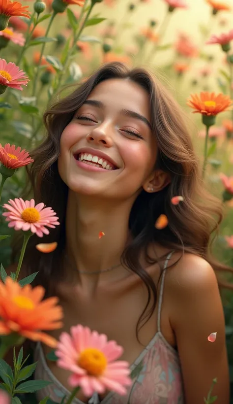  A girl enjoying the fragrance of flowers in the garden， Girl with beautiful long hair 、Girl with beautiful long hair ， Happy smiling in a sea of flowers 