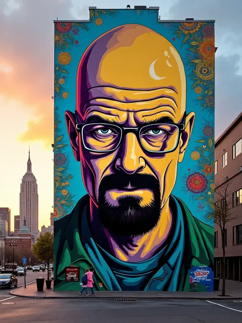 Wide shot of a building in a city. Spray paint mural of a Walter white as heiseinberg. with vibrant, bold colors and dynamic, large-scale patterns. Focus on the street art style, capturing the energy and movement of graffiti art. Last rays of light.