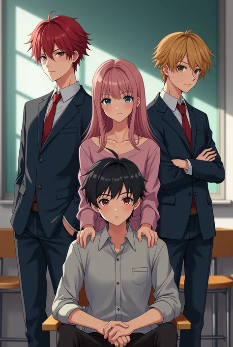 (photorealism:1.2) 3 guys and 1 beautiful  woman in a school  make it anime  one boy is sitting and the three  standing on the  back