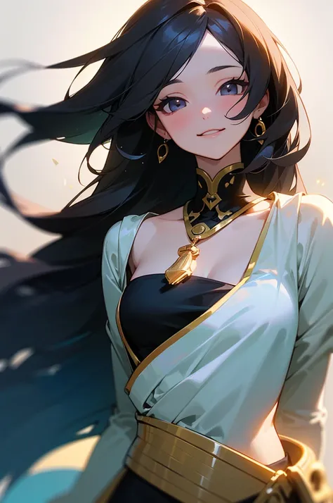 (Alone:1.5), 
( one girl :1.2), ( Flowing Long Black Hair :1.2), ( dark eyes:1.2), (Whitening:1.2), 
( Height 148 cm Bust 80 cm Waist 56 cm Hips 56 cm:1.2), 
(human:1.2), (:1.2), 
(Empire Outfit :1.3), (Neckline:1.2), 
anime, 
background, (Sparkling Light:...