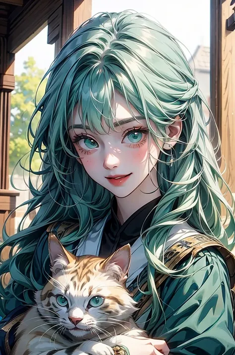 Cute smiling teenage anime girl with blue-green eyes and long hair carrying a cat in her arms