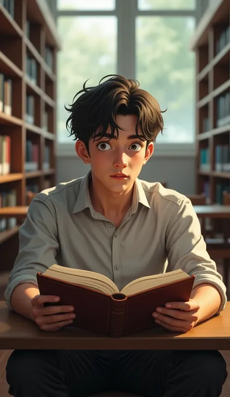 A male high school student sitting in the library reading a book