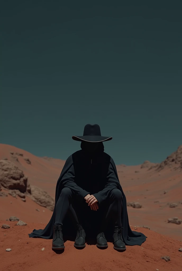 Create the image of a very mysterious young man dressed in a hat and black clothes sitting on a hill on the planet Mars 