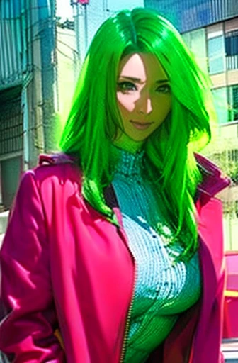  portrait of a beautiful female model in Natope ., Georgia Fowler,  Facial beauty, Long green hair, Cyberpunk City Afternoon. She is wearing a red long coat., Jeans Negros,  Dramatic Lighting , (Police Badge:1.2)