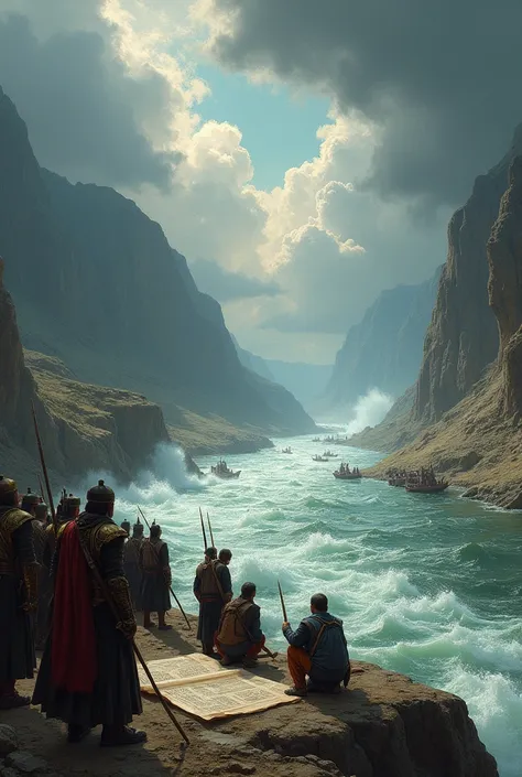 A wide and roaring Indus River under a cloudy sky, with strong currents creating ripples and whirlpools. On one side, Mongol soldiers and horses stand at the riverbank, observing the challenging waters. A group of engineers in the foreground sketches a bri...