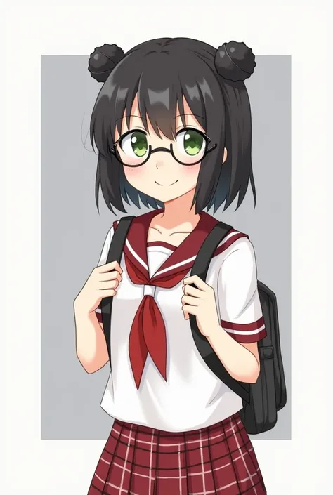 1girl, double bun, solo, hair bun, green eyes, glasses, plaid, plaid skirt, smile, skirt, looking at viewer, hair ornament, red skirt, grey background, simple background, blush, shirt, neckerchief, closed mouth, round eyewear, white shirt, short sleeves, h...