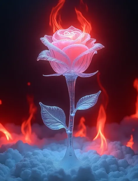 Realistic drawing of a rose made of ice covered by large and voluminous red flames. Perfect combination of red and blue tones . masterpiece ,  High resolution , 