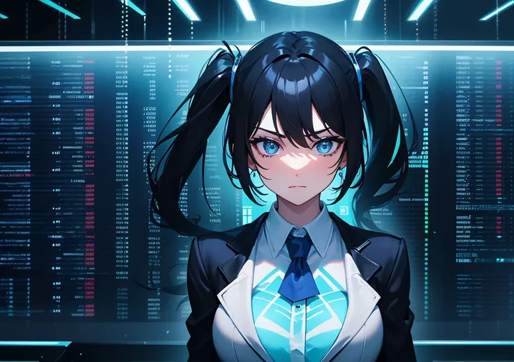 A black twin-tail hair beautiful female businesswoman with sleek,  wearing a professional blue blazer jacket, standing confidently in a high-tech trading room. She has a focused, determined expression as she faces forward. The background is filled with hol...