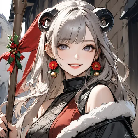 ( best quality, sketch:1.2),Realistic, 1 girl, , masterpiece, Noir Dark, art, Im wearing a zinnia flower holder and earrings、The sheep has horns、 big smile、 upper body、Medieval female knight outfit、Shoulders stick out、A little sexy、 my hair is fluttering i...