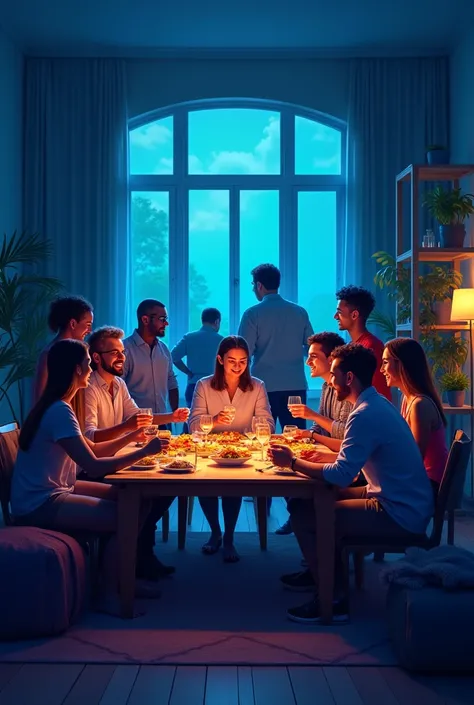  Create a poster with a background image of a united community ,  people of different ages and ethnicities gathered in a living room,  with a central table and chairs . dark blue background. modern style,  resolution expressive and glamorous . 1080x1920 .