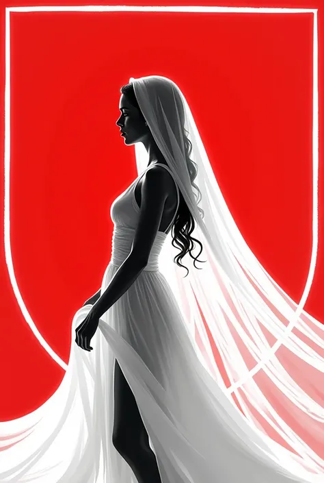 Soccer shield logo with a woman in a white veil and white dress glued to her body in the center in red tones,  black and white image