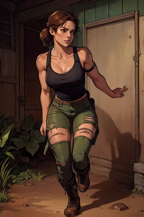 [((1Solo female))], (Lara Croft), ((1animatedgirl)), masterpiece:1.2, best quality), (highly detailed:1.3), in jungle, mud puddles, ripped clothing, scars and cuts on her body, on the move, angry focused face, tomb raider, tight clothing, blood, sweat, wet...