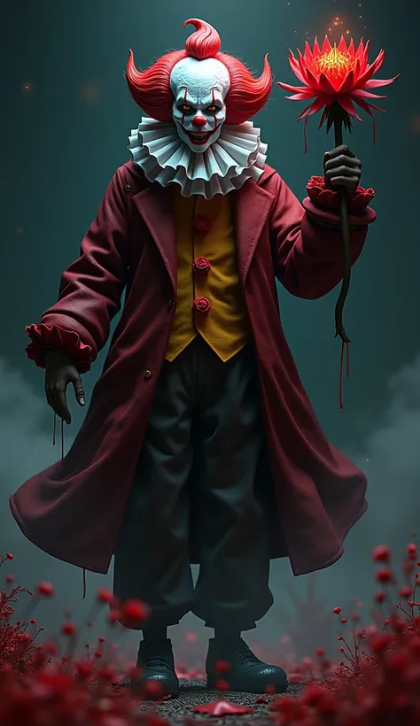 The scary clown clone is wearing an uciha jacket and holding a flower that has sharp teeth, and is above a black sky dan ada bacaan "CLOWN ATTACK" 3d. (using melted horror font)