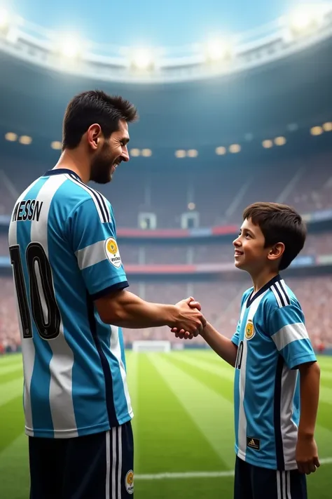 A boy hand shake with Lionel messi  in the football Stadium with Argentina Jersey. Jersey name yasin. Jersey number 10