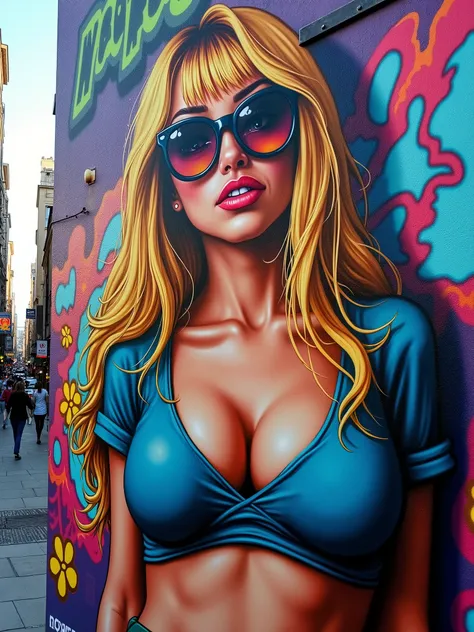 Wide shot of a building in a city. Spray paint mural of short loose T-shirt Underboobs closeup shot. 44d round natural perky breasts. Long straight blonde hair with bangs. Large sunglasses. with vibrant, bold colors and dynamic, large-scale patterns. Focus...