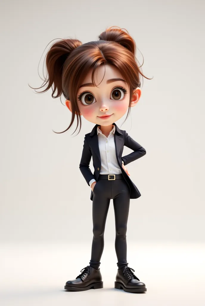 a cute cartoon character in professional outfit, standing full body shot, highly detailed, 4K, 8k, photorealistic, masterpiece, vibrant colors, dynamic lighting, soft ambient lighting, clean professional look, stylized, dynamic pose, confident expression, detailed facial features, big expressive eyes, detailed hair, sharp focus, seamless blending, studio quality background all white boy leather shoes chunky