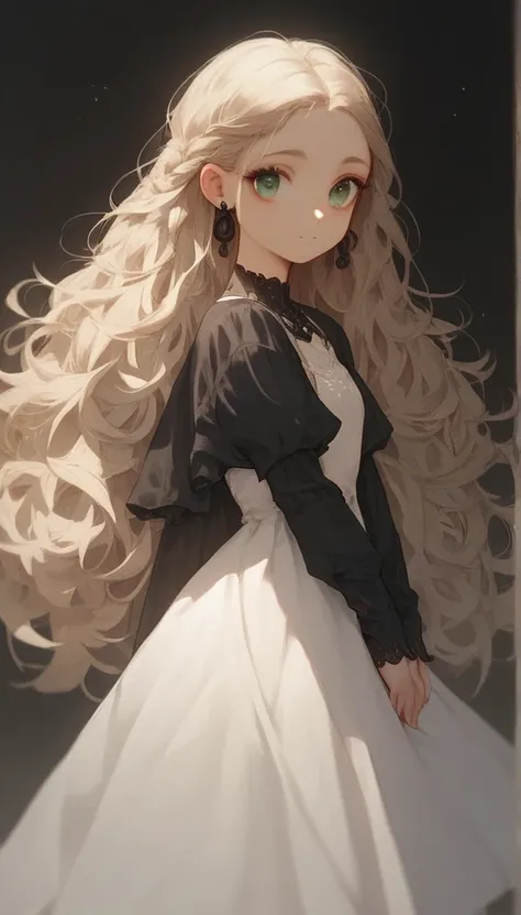 Flat coating， long blond curls，cute， green eyes，Wear a long black and white dress