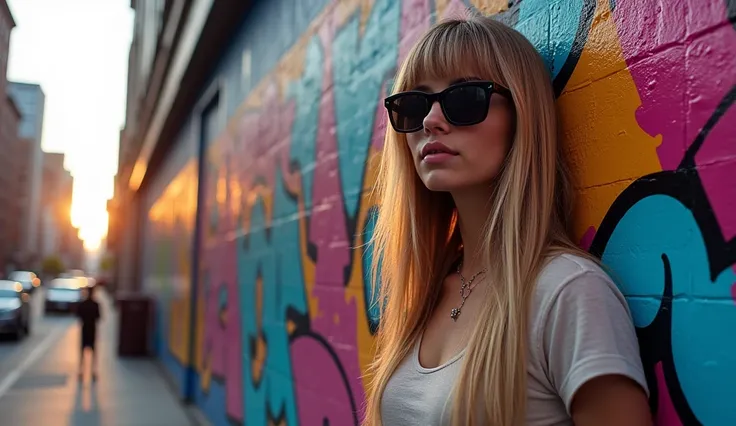 Wide shot of a building in a city. Spray paint mural of short loose T-shirt Underboobs closeup shot. 44d round natural perky breasts. Long straight blonde hair with bangs. Large sunglasses. with vibrant, bold colors and dynamic, large-scale patterns. Focus...