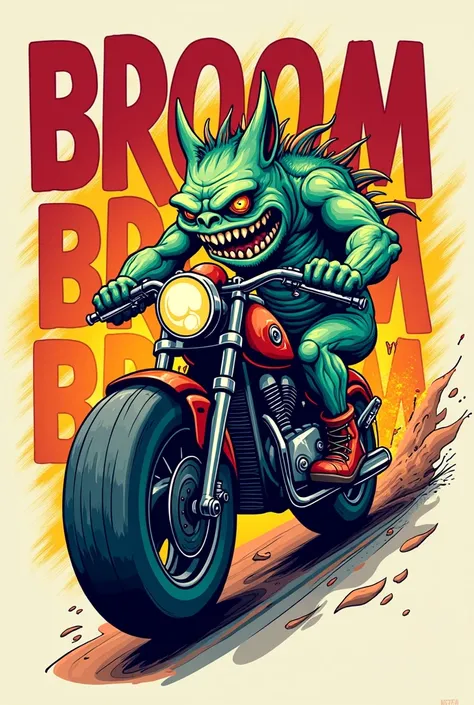 (HD quality image) create a doodle design for t-shirt, 1 monster, riding a motorcycle, with a big "broom broom" words at the BG, make it colorful