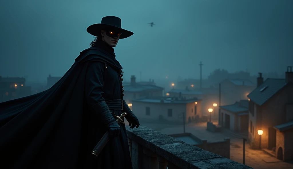 "A dramatic scene of a masked man, wearing a Zorro-inspired black cape and outfit, standing on a balcony overlooking a small town at night, with lanterns glowing below, the wind whipping through his cape, his hand resting on the hilt of a sword, cinematic ...