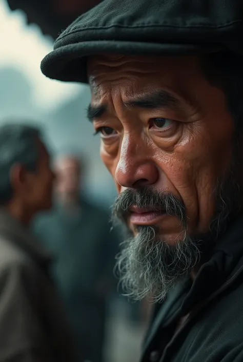 "A close-up of the tea vendor with tears welling up in his eyes, showing deep sadness and empathy. His face reflects the sorrow and sympathy he feels for the elderly couple."

