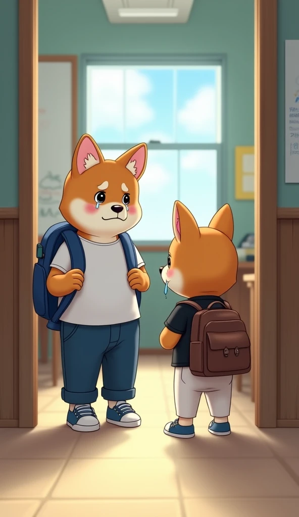 Shiba Inu puppy finds a crying Corgi puppy。Tears overflow from the Corgis eyes and run down its cheeks。Corgi standing alone in the classroom walking on two legs like a human。Corgi in a white T-shirt、Blue trousers、Wearing blue sneakers。Corgi carrying a blue...