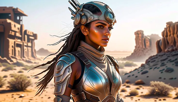 body turned around view, highly detailed and photorealistic depiction of a Persian female post-apocalyptic warrior. She exudes confidence and resilience, wearing a scratched silver combat suit with intricate biomechanical details and a weathered leather ja...