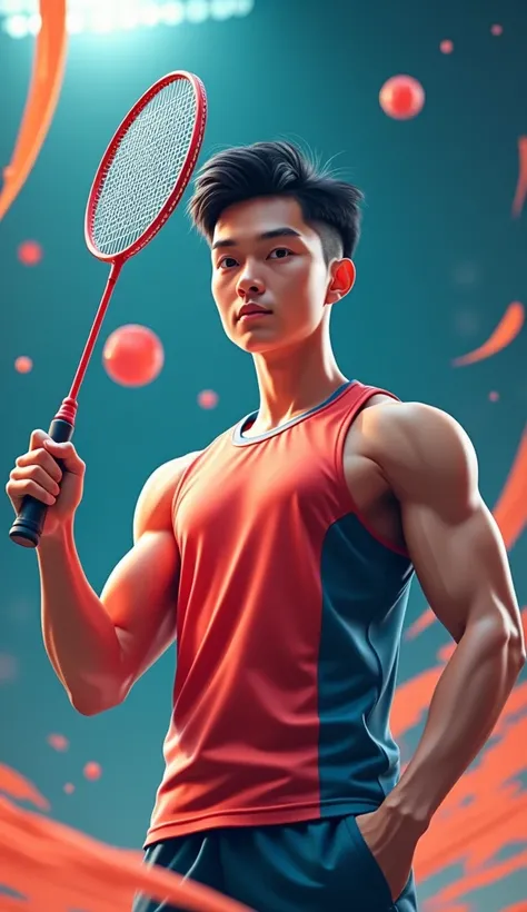 a young man holding badminton racket asian, for sportsbook purpose poster, 3d