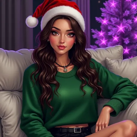 "Drawing style" Of an 18-year-old girl Latin features sensual white skin soft porcelain with LONG WAVY SILKY WAVY HAIR wavy brown, brown eyes WEAR A GREEN CHRISTMAS WOOL SWEATER with black shorts, black shoker necklace with a Santa Claus Christmas hat , ha...