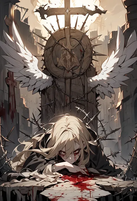 Femboy, angel, beige hair, angel wings, mean, sadist, psycho, blood, light, crosses, broken crosses, regular crosses, nails, thorns, religious imagery, Catholic imagery, repentance, penitence, suffering, pain, {HD}