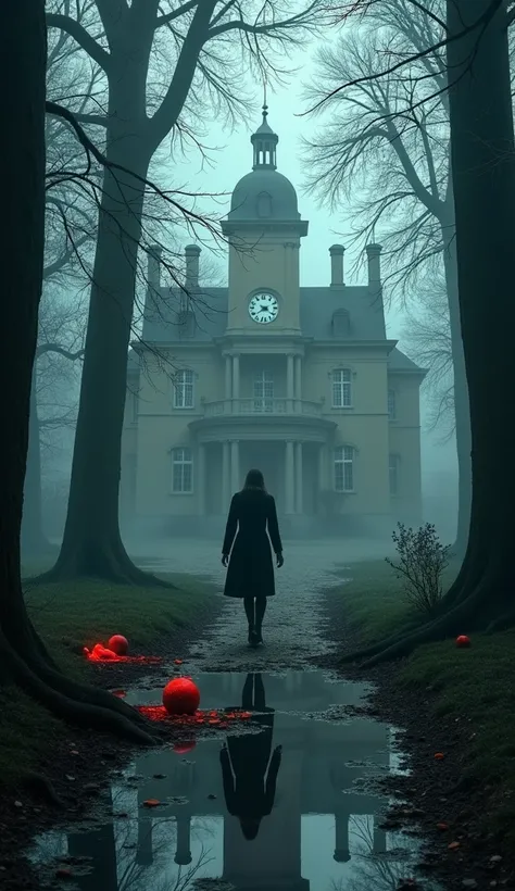 "Create a visually captivating Instagram post inspired by *The 7½ Deaths of Evelyn Hardcastle* by Stuart Turton. Design an image that conveys the essence of a mind-bending murder mystery. Depict a grand, eerie manor in a foggy forest, with a clock symboliz...