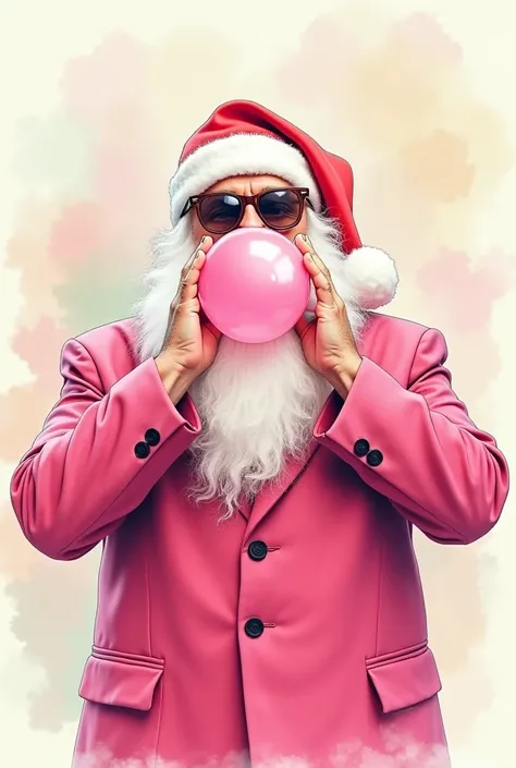 Vintage Watercolor pink santa with pink suit and pink sunglasses blowingpink bublegum with hand on cheeks 

